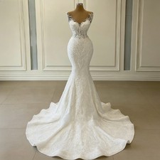 Mermaid Wedding Dresses with Detachable Train Ruffles Lace Applique Bridal Gowns