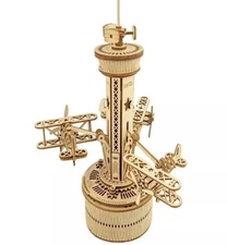 ROKR 3D Wooden Puzzle Airplane Tower Music Box DIY Mechanical Building Kit Gift
