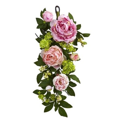 Pemberly Row 24'' Mixed Peony & Hydrangea Leaves/Blooms Teardrop in Pink
