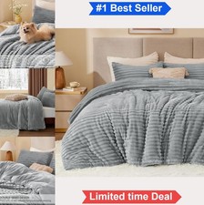 Fleece Queen Comforter Set Light Grey 3 Piece Striped Fluffy Bedding Polyester