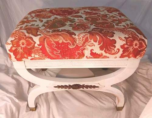 Vintage Hollywoood Regency Wood X-Frame Upholstered Stool Bench Antique Fabric - Picture 3 of 12