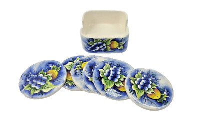 Achaia Ceramic Coasters 6 with Holder Hand-painted From Greece Fruit Blue
