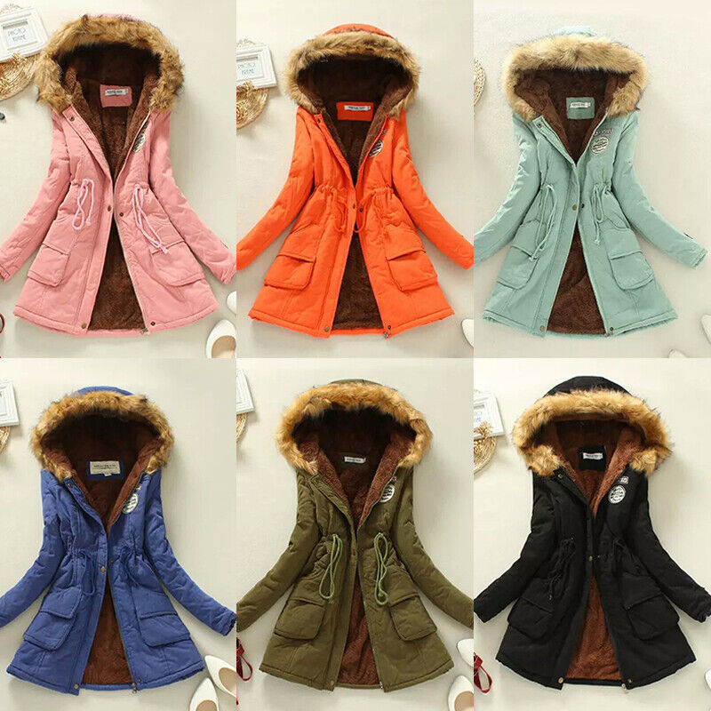 Women Warm Coat Fur Hooded Drawstring Jacket Zip Up Winter Parka Coats  Outwear