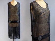 Antique 1920s Beaded Bird Dress w Scalloped Hem Vintage 20s l xl vtg