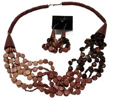 27  Ombr  Brown Wood Boho Necklace Dangle Earrings Set Bohemian Statement