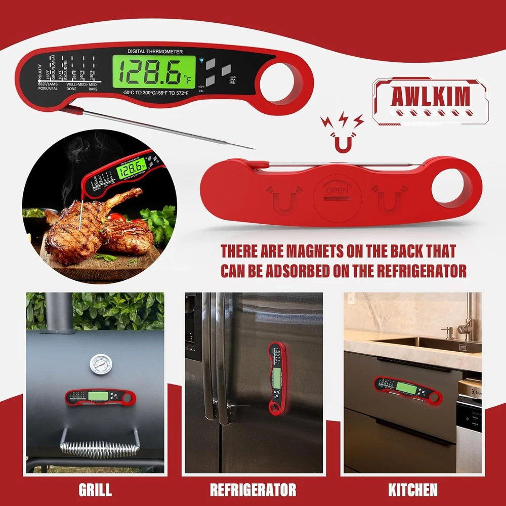 Meat Thermometer Digital - Waterproof Kitchen with Backlight Red