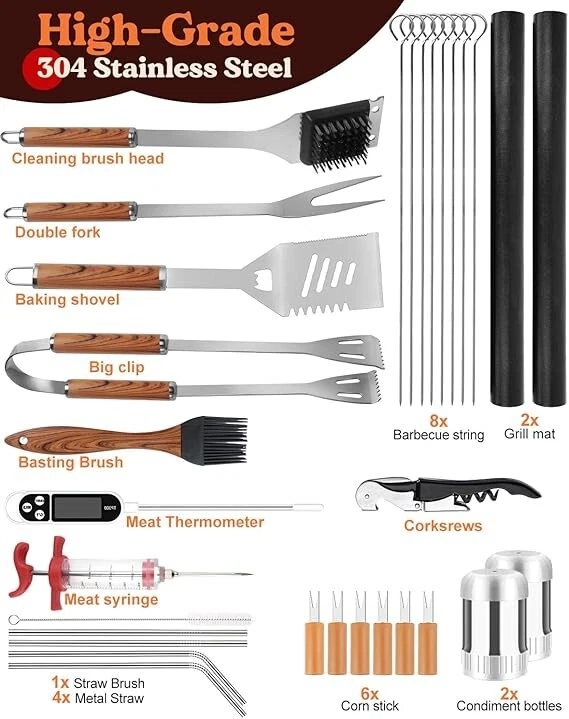 32Pcs BBQ Tool Set with Aluminium Case, KALAHOL Barbecue Accessories Kit UK - Image 3 of 4
