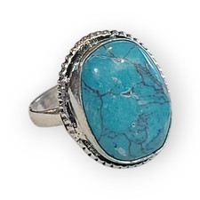 925 Sterling Silver Oval Turquoise Gemstone Statement Hammered Ring sz 6