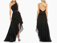 Mac Duggal Black Pleated One-Shoulder Beaded Waist High-Low Gown Size 2 $498
