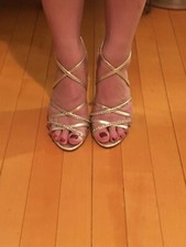 ALDO SIZE 7 36 GOLD STRAPPY HEELS WITH RHINESTONES, Pre-Owned