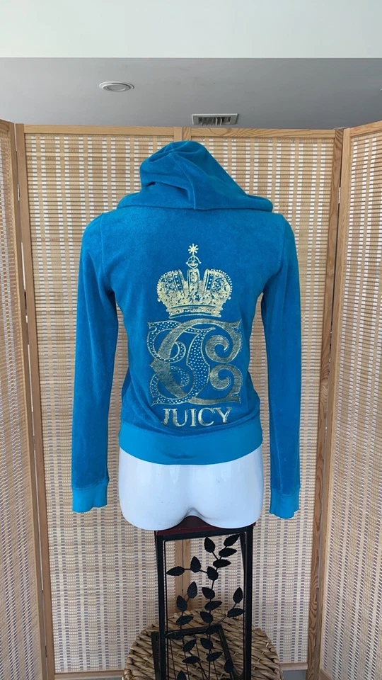 Juicy Couture Brillante Azul Real Y2K Terciopelo Cremallera Sudadera con Capucha, Logo Dorado, Talla M Foto 4 de 4