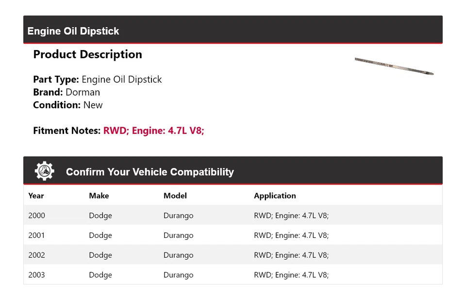 Varilla de medición de aceite de motor Dorman V8 4,7 L tracción trasera Dodge Durango 2000-2003 2001 2002 Foto 2 de 4
