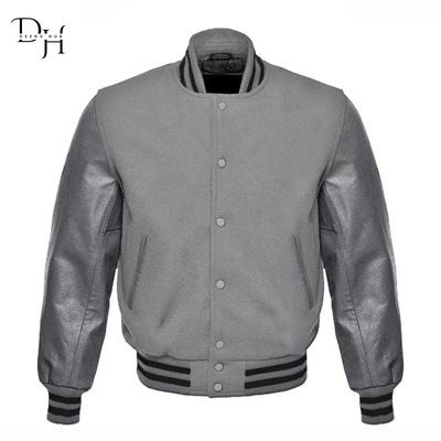 New Letterman Grey Wool Varsity Bomber Jacket With Real Grey Leather Sleeves