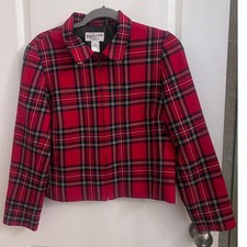 Vtg Pendleton 100 Virgin Wool Red Tartan Plaid Zip Up Cropped Jacket 10P Preppy