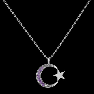 925 Sterling Silver Moon & Star Pendant Necklace Purple Lab Created Gemstone Gif