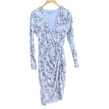 GUESS Floral Wrap Dress Ruffle Accent Jersey Midi White Pink Black Long S