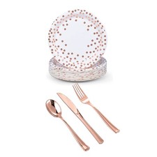 125 Pcs Rose Gold Disposable Plastic Dinnerware Set Plates Silverware 25 Guests