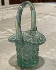 Fenton carnival glass basket in opalescent iridescent teal blue green geometric
