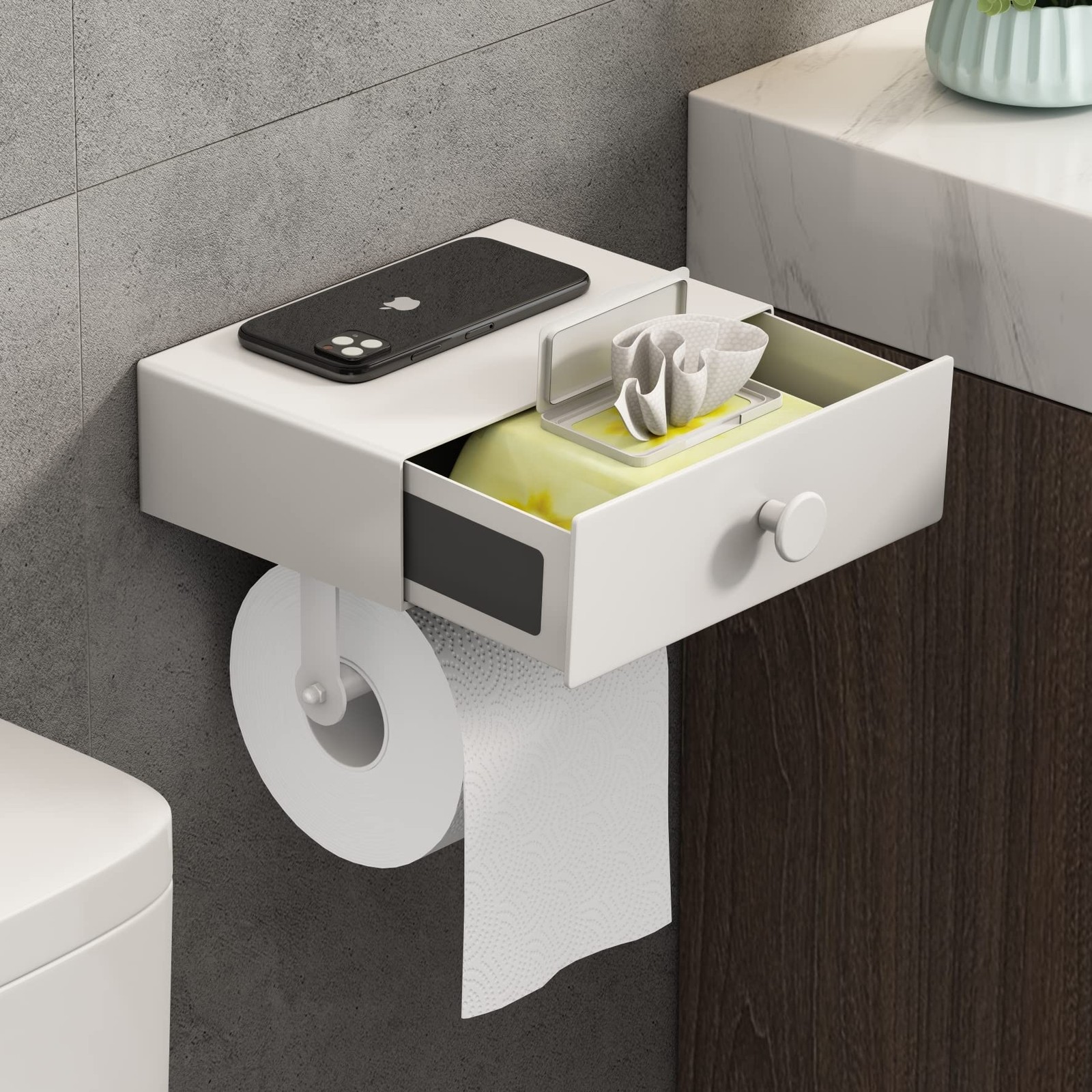 Porte papier toilette mural en bois et metal pour salle de bain scandinave