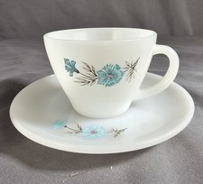 Vtg Anchor Hocking Fire King Milk Glass Cup Saucer Bonnie Blue Flowers