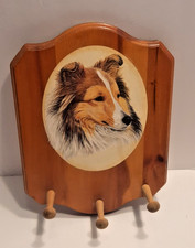Collie Dog Wooden Wall Plaque With 3 Pegs Leash Holder 9" X 12"