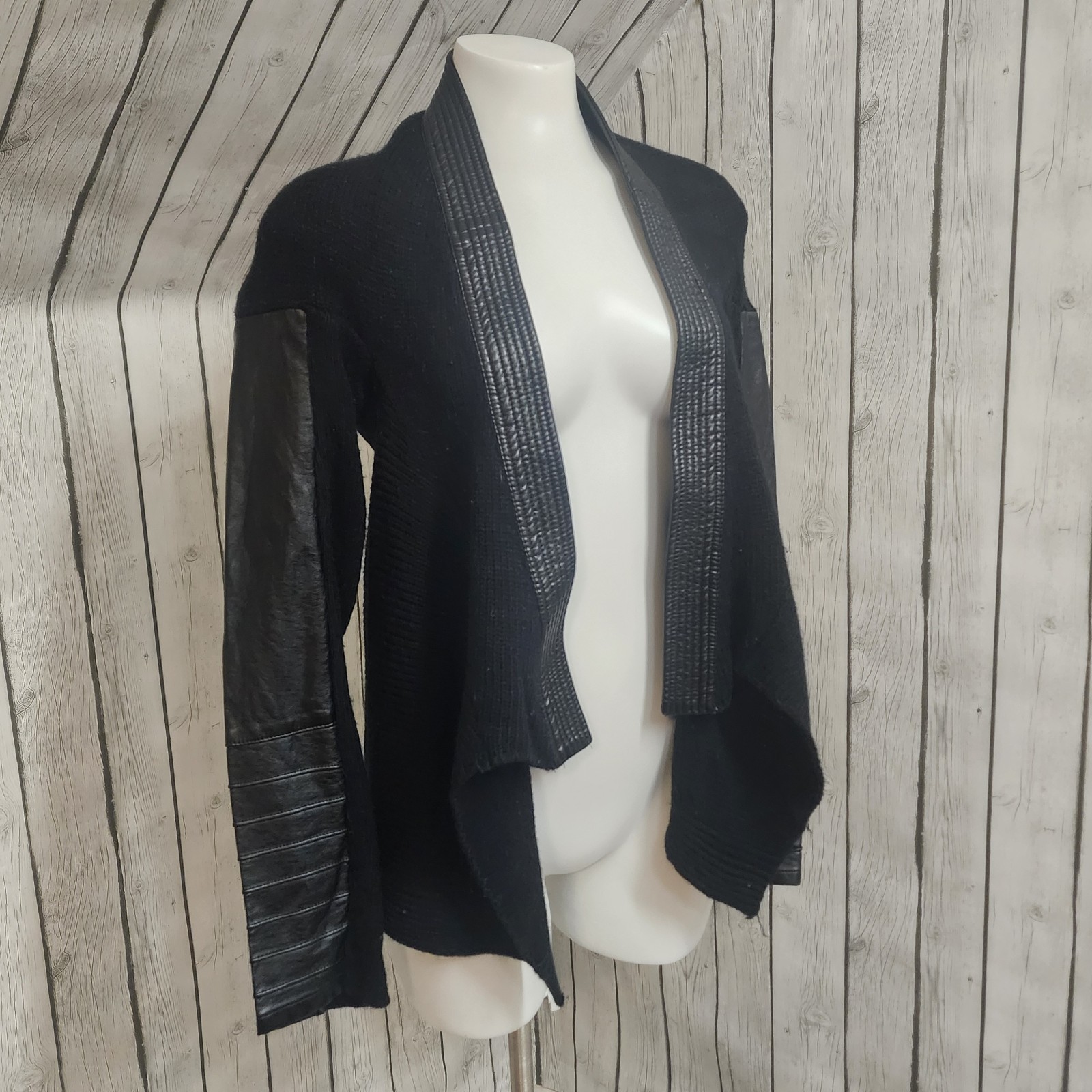 Venus Open Front Sweater Jacket Womens XL Black Faux Leather Sleeves