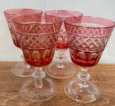 Set of 4 Cut Glass Cranberry /Clear Mini Water Goblets