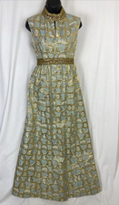 Vintage 1960s Party Dress 60s Metallic Brocade Gold Sequin Evening Maxi Gown