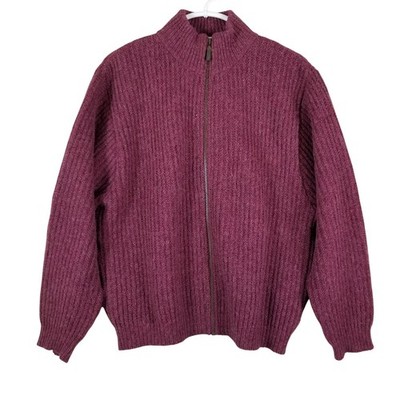 LL Bean Full Zip Cardigan Womens Large Berry Wool Alpaca Ribbed Sweater USA Made