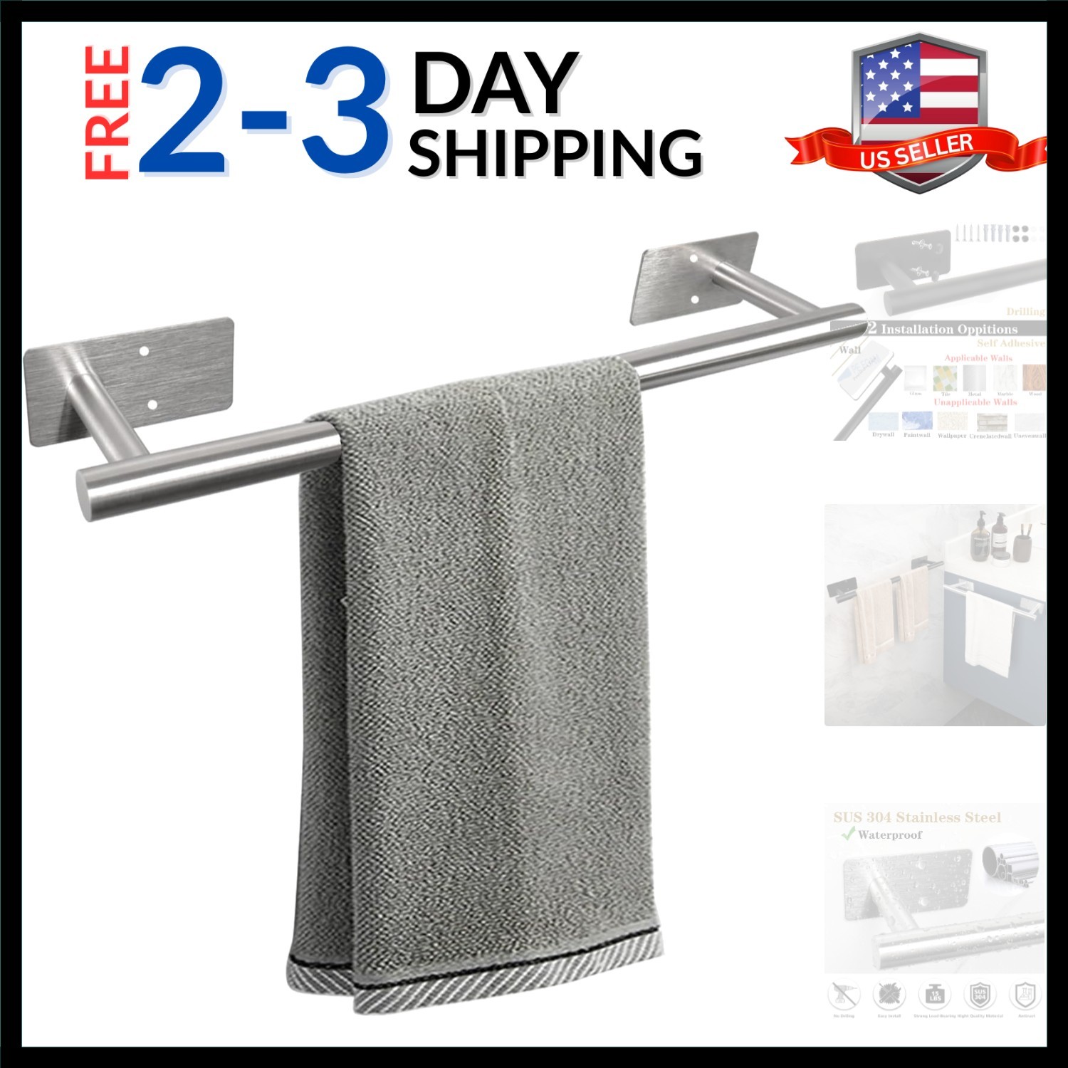 Self Adhesive Bath Towel Bar, Stainless Steel Towel Racks for Bathroom No Dri...