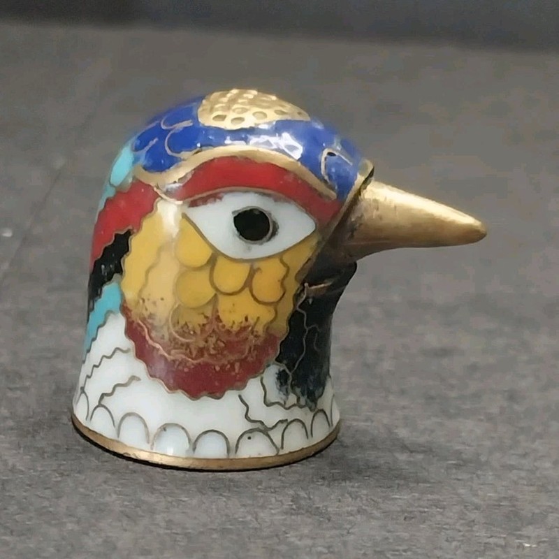 Vintage Cloisonne Bird Head Sewing Thimble Mixed Material Multicolor