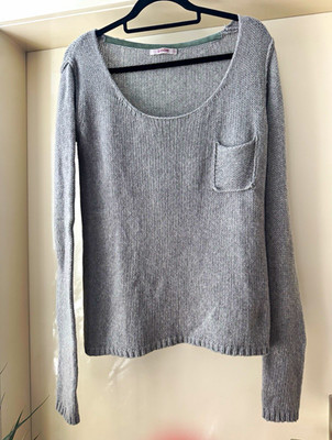 Bloom Damen Pullover Strick Grau Rundhals Langarm mit Brusttasche M
