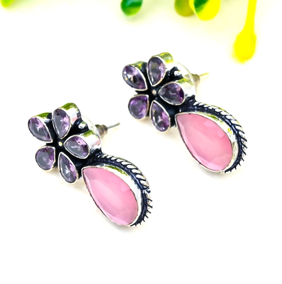 Orecchini gioielli in argento sterling 925 con calcedonio rosa, pietra... - Immagine 2 di 4