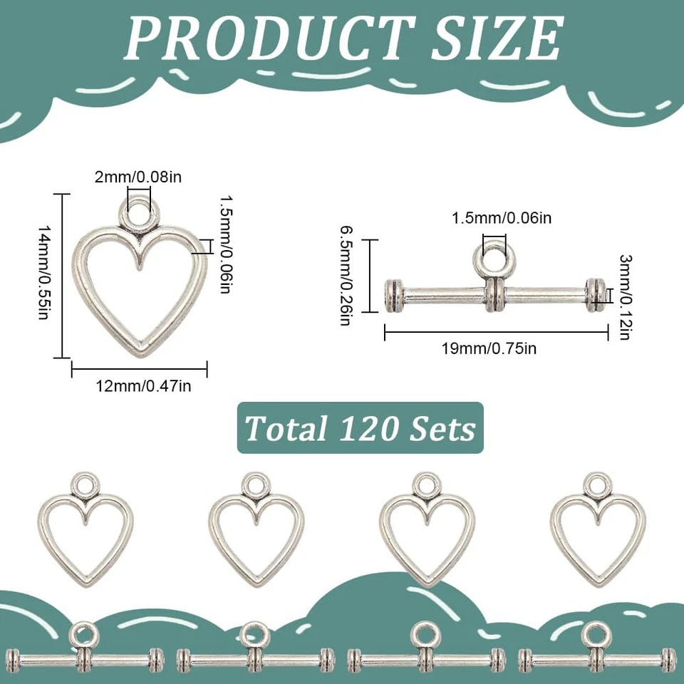 1 Caja 120 Juegos Corazón Palanca Cierre Plata Palanca Pulsera Cierres A Granel Estilo Tibetano Foto 2 de 4