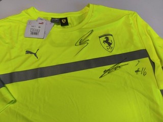 LECLERC AND HAMILTON SIGNED PUMA FERRARI NEON YELLOW SETUP SHIRT 2025