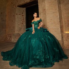 Green Shiny Quinceanera Dresses Applique Flower Crystal Beaded Corset Ball Gowns