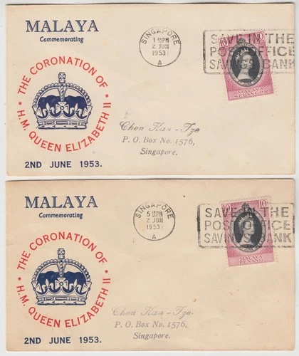 MALAYA 1953 SELANGOR & PENANG *QEII CORONATION* official FDCs with SINGAPORE cds