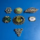 Lot of 7 Vintage Costume Jewelry Brooches Pins Dress Clip Rhinestone Pearl Agate