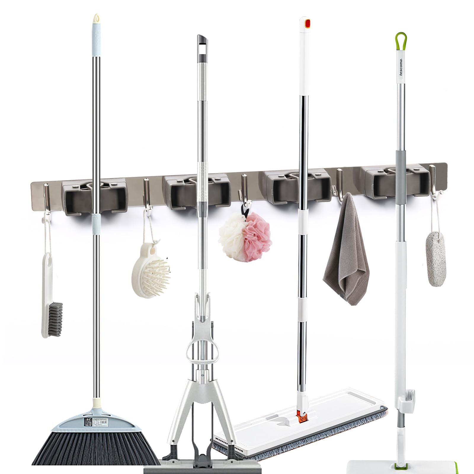 5-Rack Wall Mount Mop & Broom Holder with 6 Hooks for Organizing Cleaning Tools