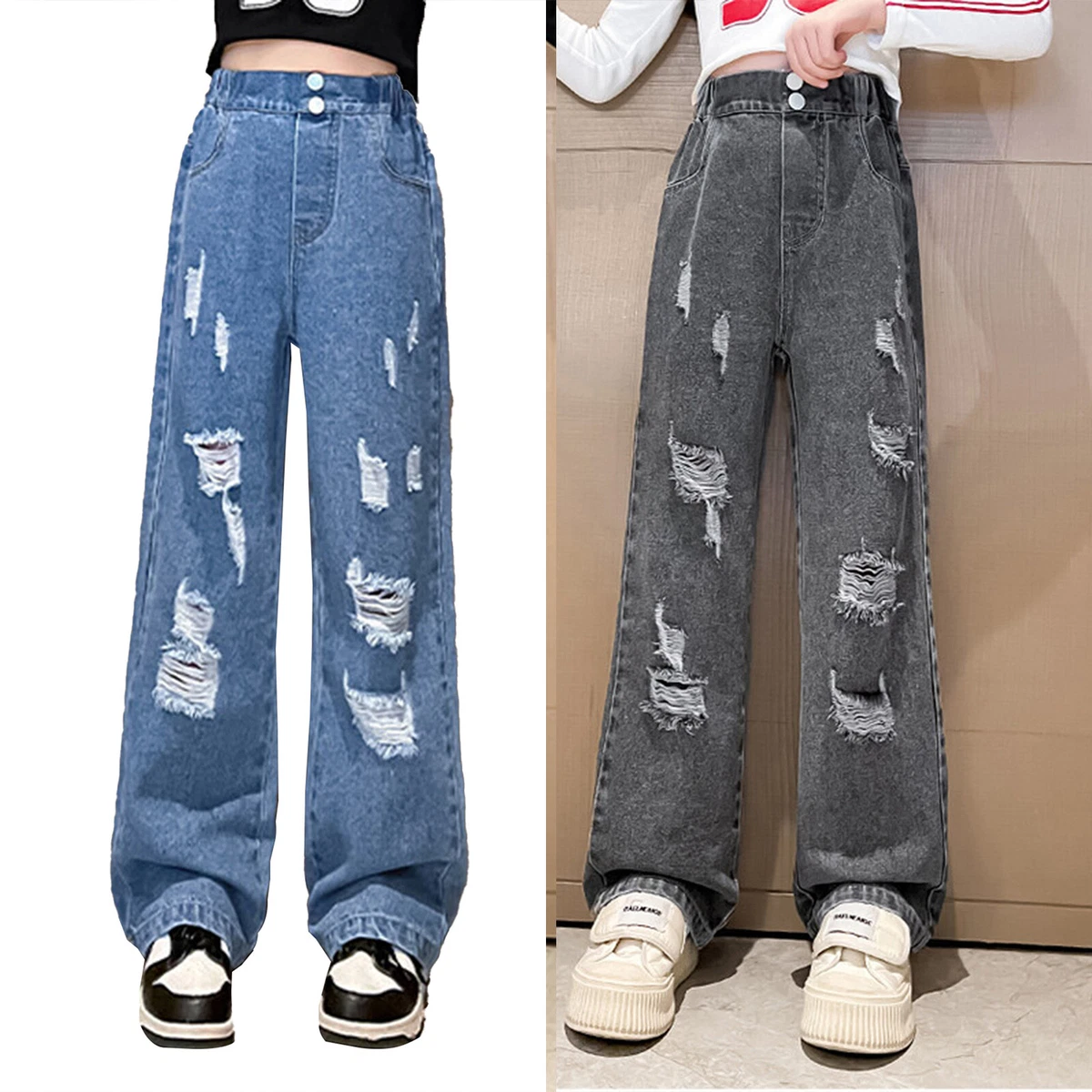 Girls Pants Loose Denim Trousers With Pockets Kids Pants Streetwear High  Waist