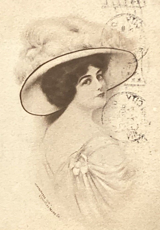 Fancy Lady in Feathered Hat Artist J. Knowles Hare Sepia DB Art ...