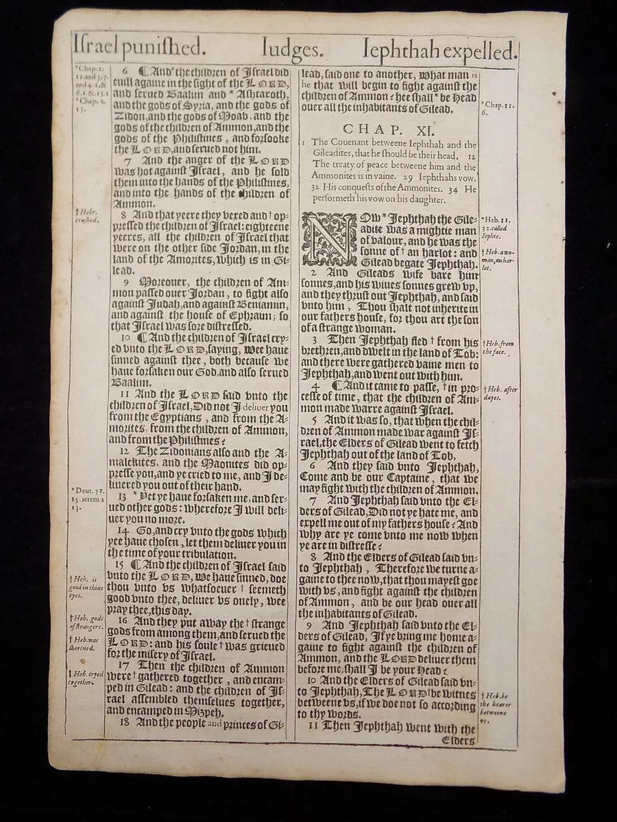 1611 KJV KING JAMES BIBLE LEAF PAGE BOOK OF JUDGES 9:39-11:10 ISRAEL  PUNISHED VG