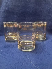 Qty 3 - Vintage MCM Double Old Fashion Glasses W/ Gold Horizontal Pin-striping
