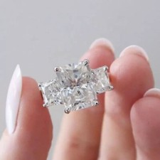 7Ct Radiant Cut Moissanite Engagement Three Stone Ring In 14K White Gold Plated