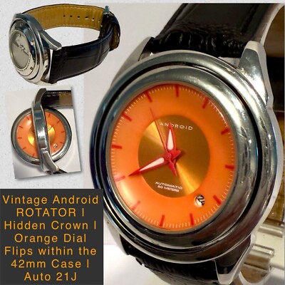 42mm Auto | 360* FLIP Case ROTATOR | Orange Dial | Hidden Crown | ANDROID Watch