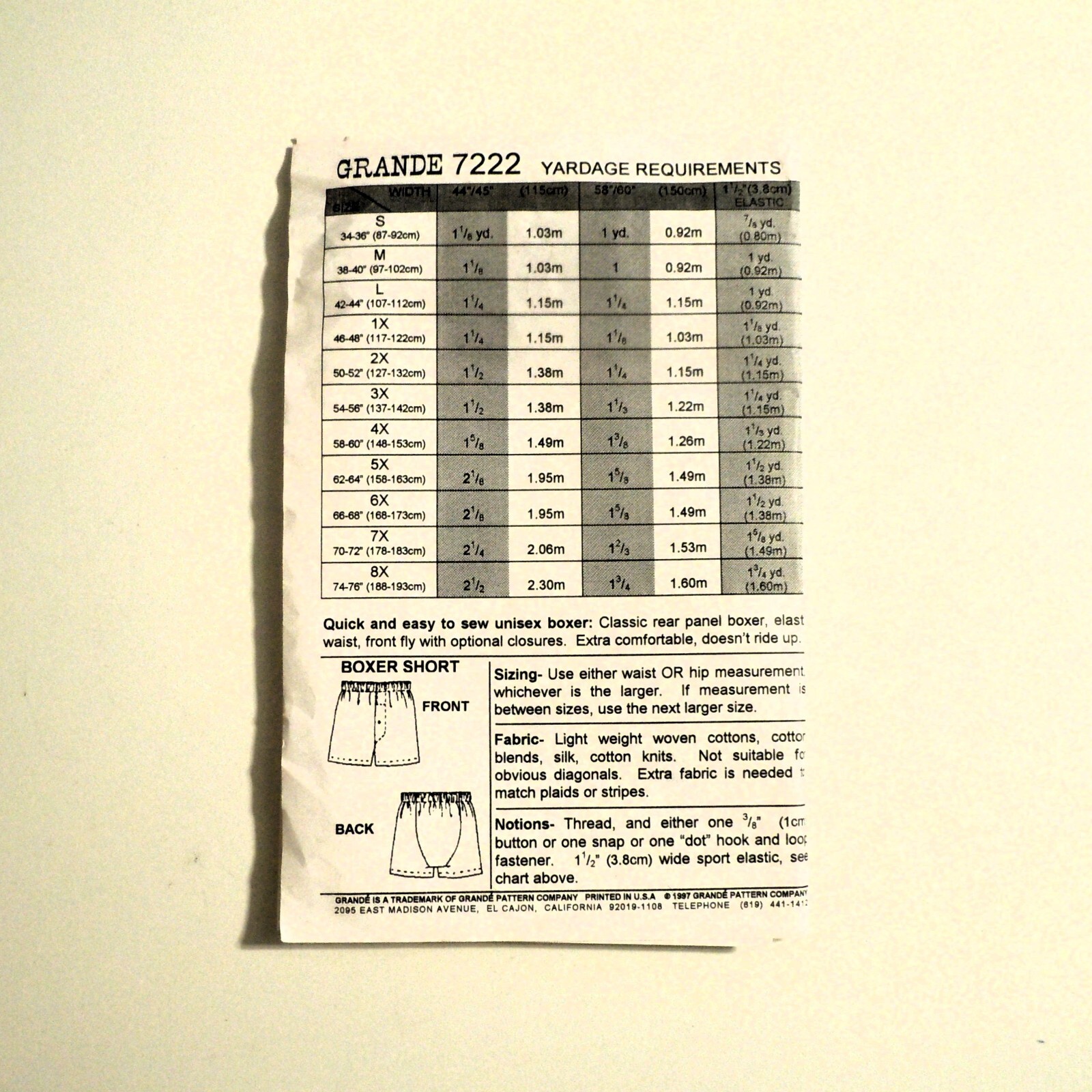 Grande' Sewing Pattern 7222 B Men's Back Panel Boxer Shorts Vintage