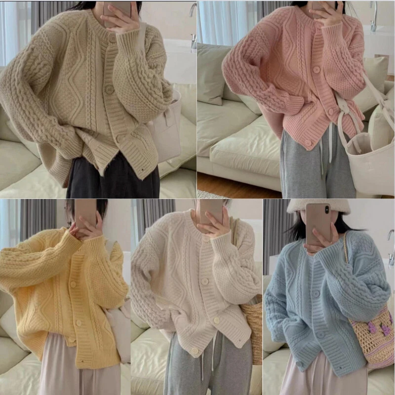 Women Knitted Cardigan Sweater Coat Top Button Loose Casual Elegant Soft