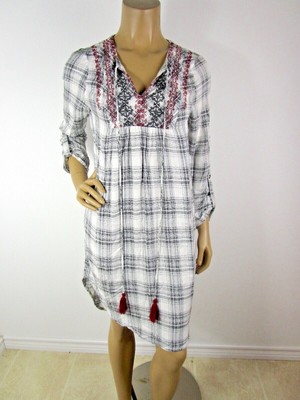 Blu Pepper Black White Plaid Dress S Embroidered Yoke Tassel Tie Long Roll Tab