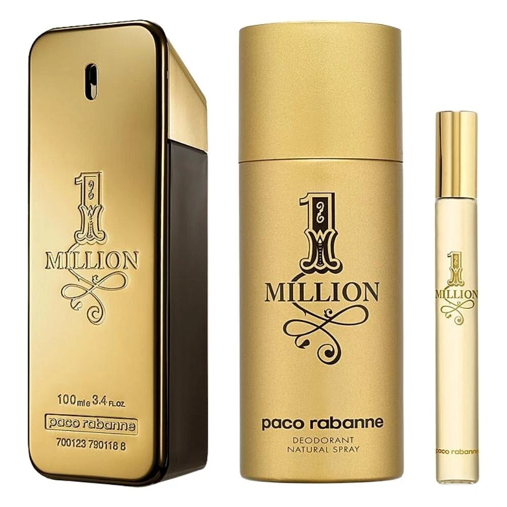 Paco Rabanne 1 Million Cologne 3.4 Oz Eau De Toilette Spray 3 Pcs Gift Set Men