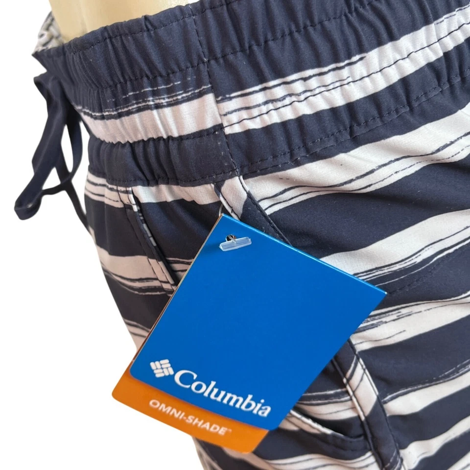 Pantalones Cortos Columbia Mujer Omni-Sombra Calce Regular Rayas Azul Marino y Blanco Talla S - Nuevos Foto 4 de 4